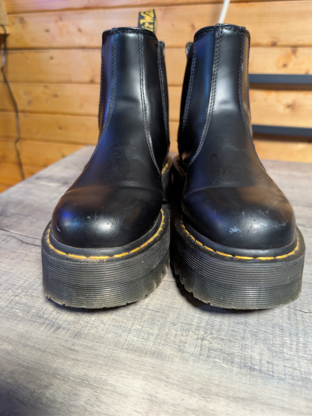 Dr. Martens Black Leather Platform Chelsea Boots with Yellow Welt